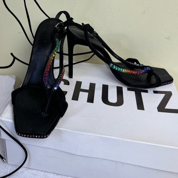 Schutz NEW Vikki Leather Strappy Crystals Ankle Ties Straps Heels Sandal Black 9 - Picture 12 of 16